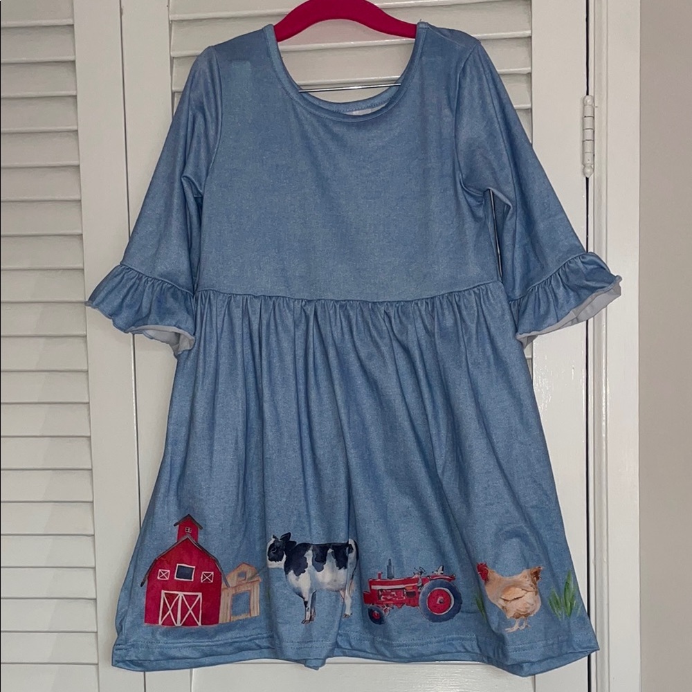 Charming Blue Farm-Themed Kids Dress